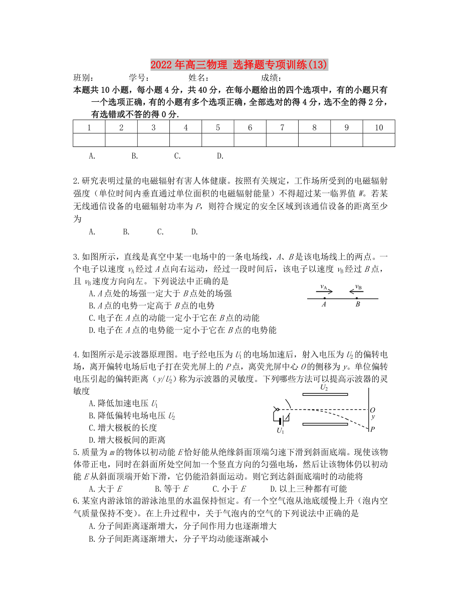 2022年高三物理 选择题专项训练(13)_第1页