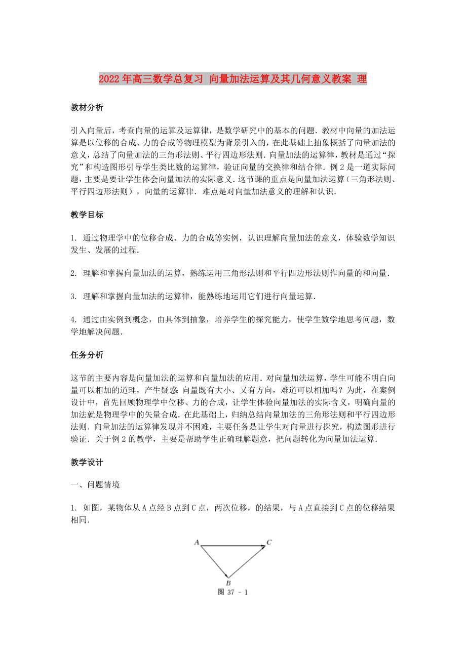 2022年高三數(shù)學(xué)總復(fù)習(xí) 向量加法運(yùn)算及其幾何意義教案 理_第1頁