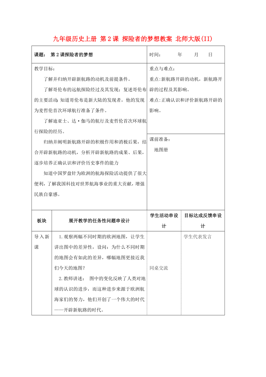 九年級(jí)歷史上冊(cè) 第2課 探險(xiǎn)者的夢(mèng)想教案 北師大版(II)_第1頁(yè)