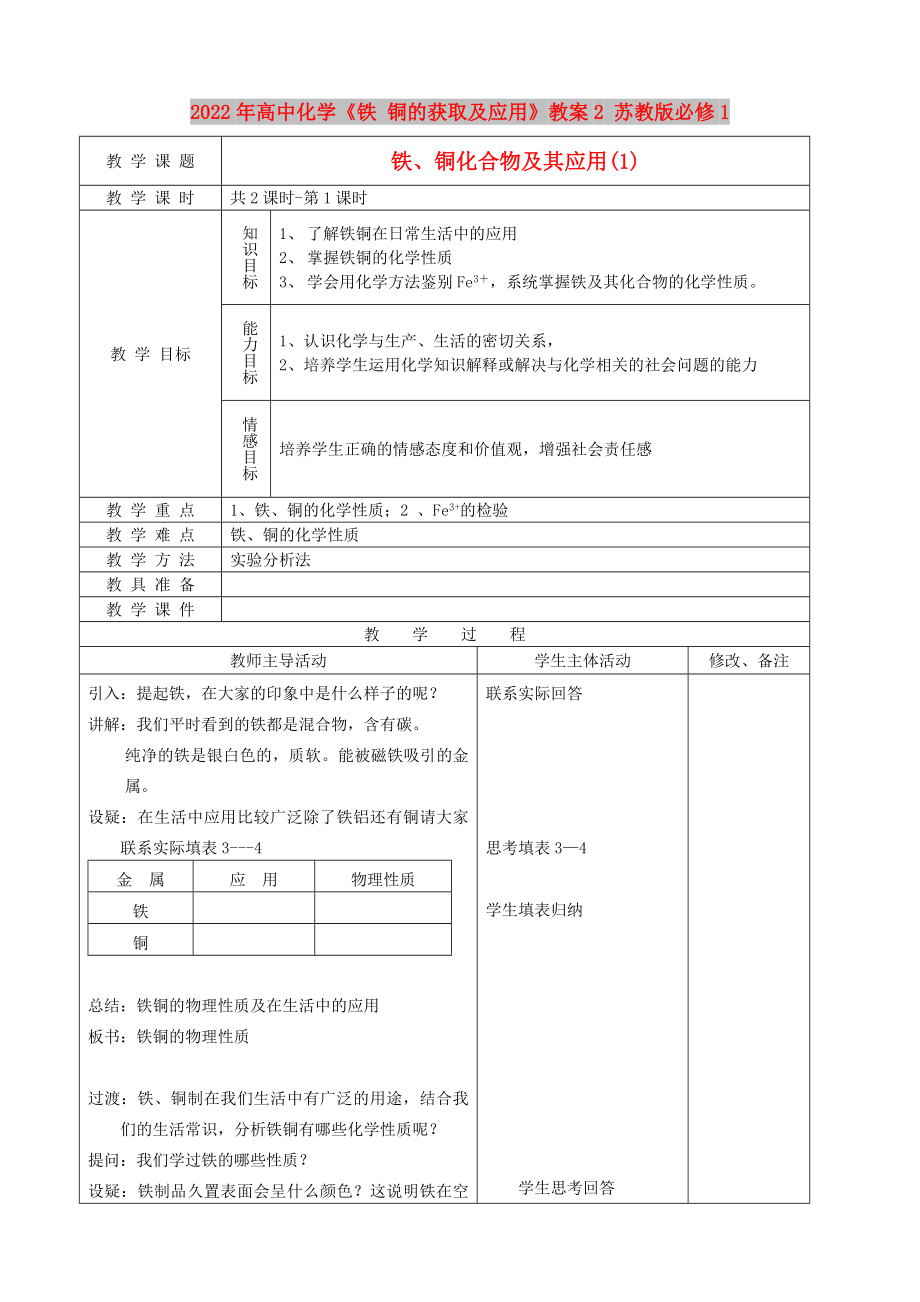 2022年高中化學《鐵 銅的獲取及應用》教案2 蘇教版必修1_第1頁