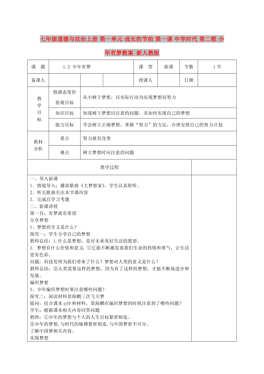 七年级道德与法治上册 第一单元 成长的节拍 第一课 中学时代 第二框 少年有梦教案 新人教版_第1页