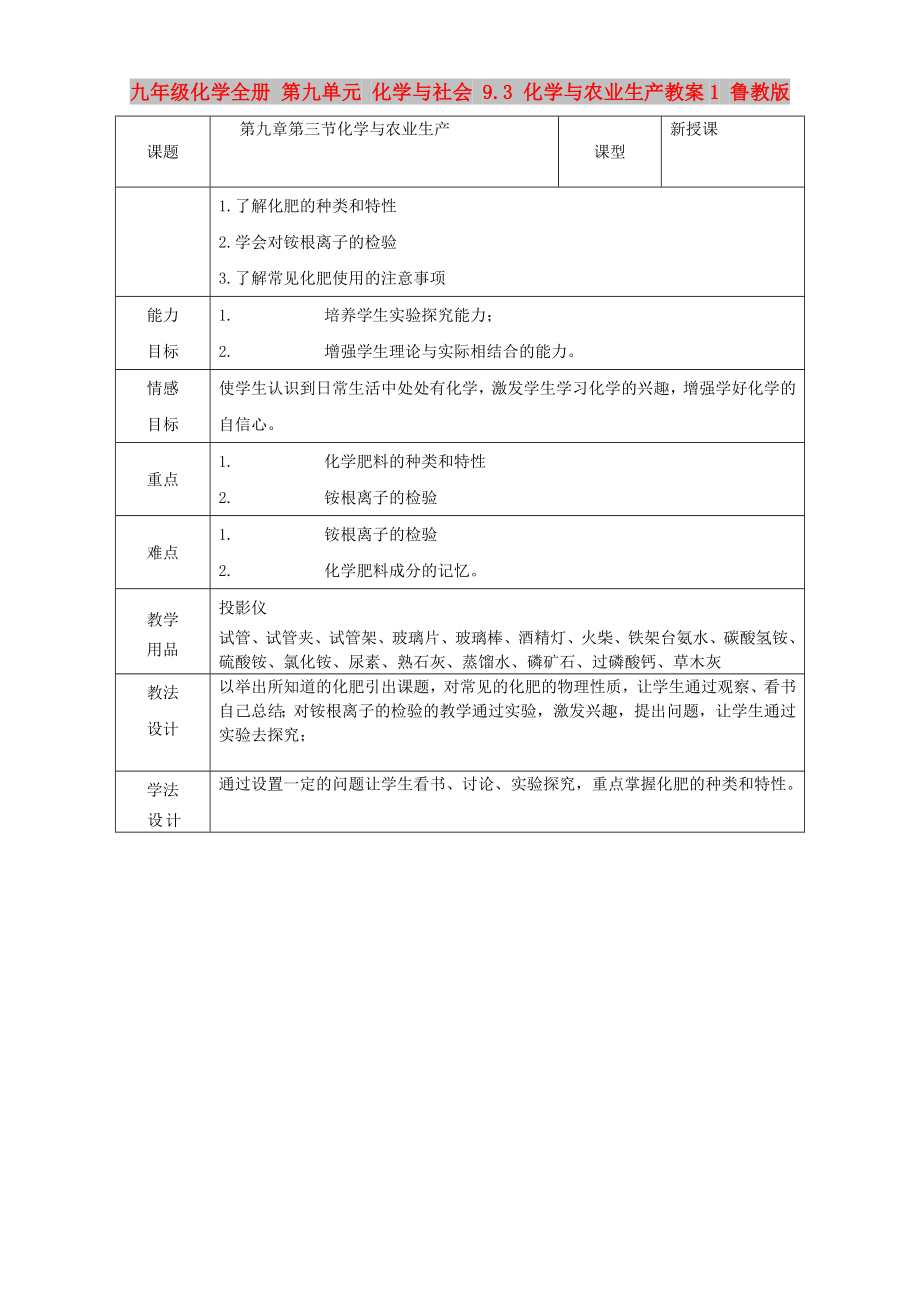 九年級化學全冊 第九單元 化學與社會 9.3 化學與農(nóng)業(yè)生產(chǎn)教案1 魯教版_第1頁