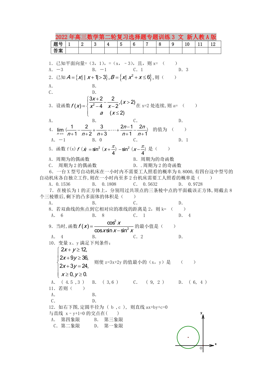 2022年高三数学第二轮复习选择题专题训练3 文 新人教A版_第1页