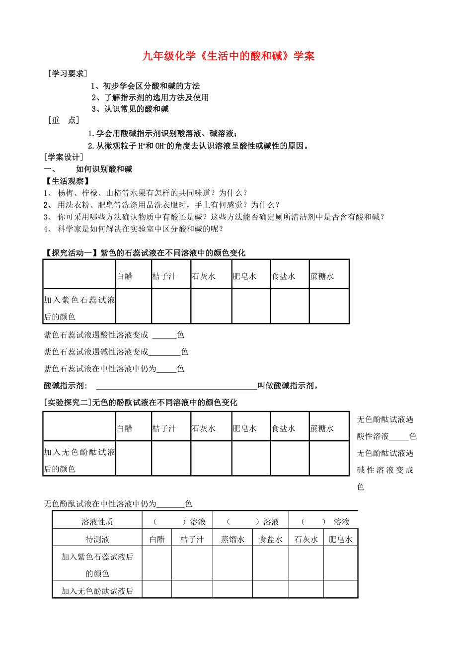 九年級(jí)化學(xué)《生活中的酸和堿》學(xué)案_第1頁