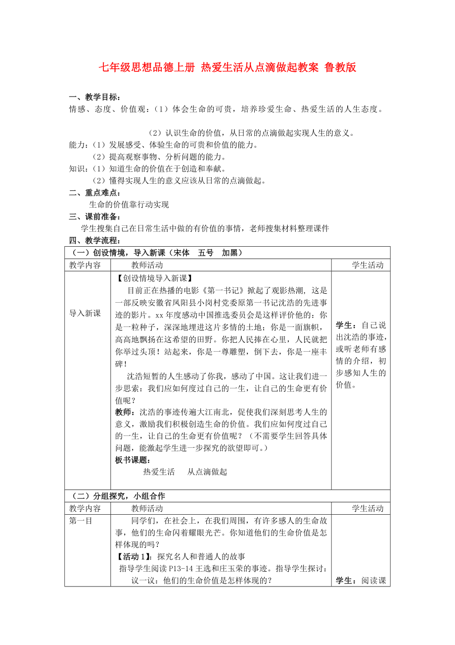 七年級(jí)思想品德上冊(cè) 熱愛生活從點(diǎn)滴做起教案 魯教版_第1頁(yè)