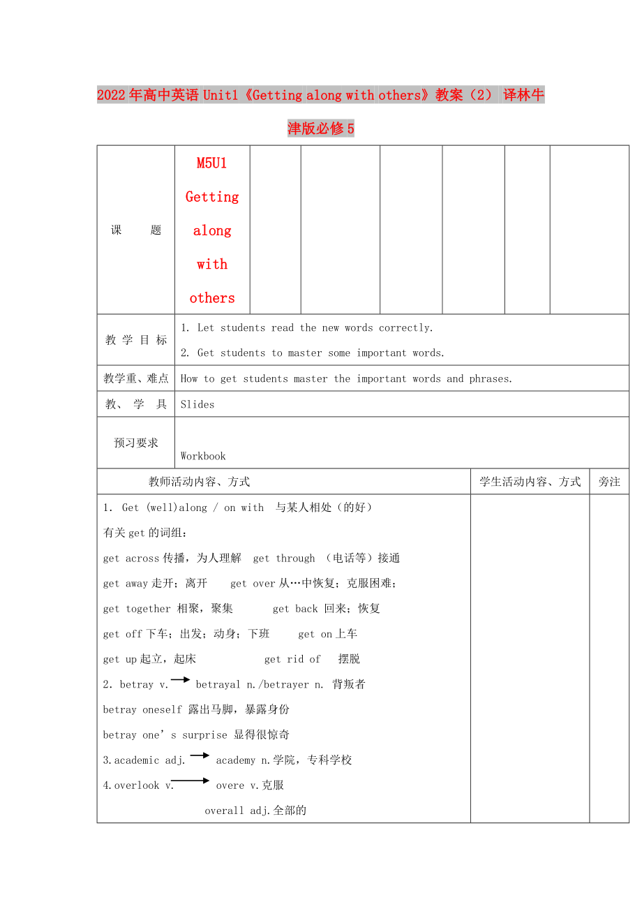 2022年高中英語 Unit1《Getting along with others》教案（2） 譯林牛津版必修5_第1頁