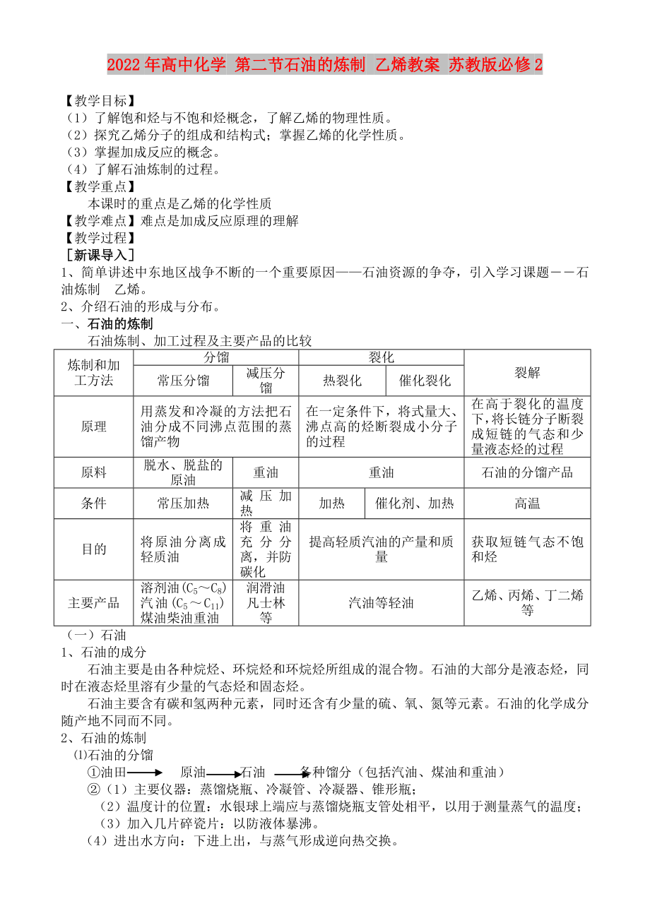 2022年高中化学 第二节石油的炼制 乙烯教案 苏教版必修2_第1页