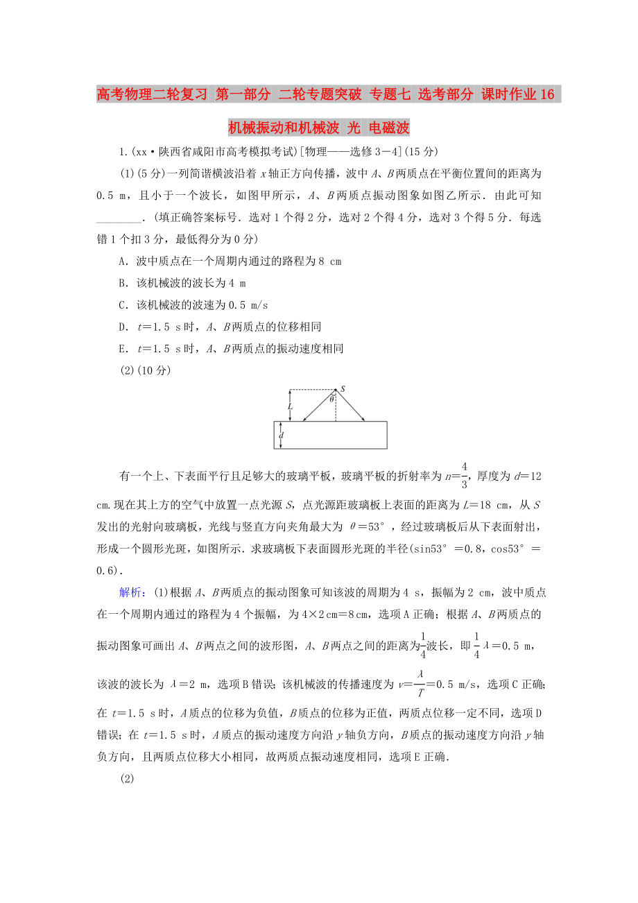 高考物理二輪復(fù)習(xí) 第一部分 二輪專題突破 專題七 選考部分 課時(shí)作業(yè)16 機(jī)械振動(dòng)和機(jī)械波 光 電磁波_第1頁