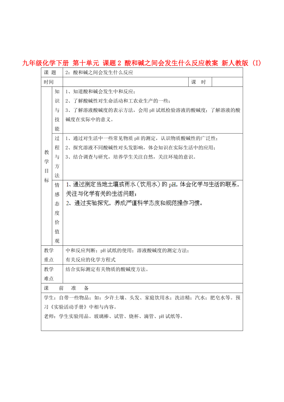 九年級化學下冊 第十單元 課題2 酸和堿之間會發(fā)生什么反應教案 新人教版 (I)_第1頁