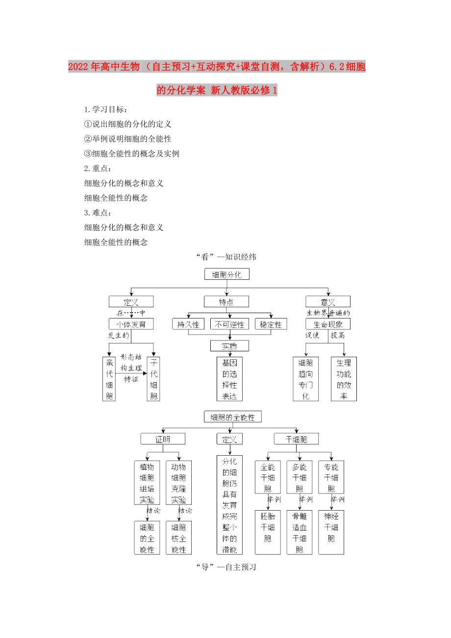 2022年高中生物 （自主预习+互动探究+课堂自测含解析）6.2 细胞的分化学案 新人教版必修1_第1页