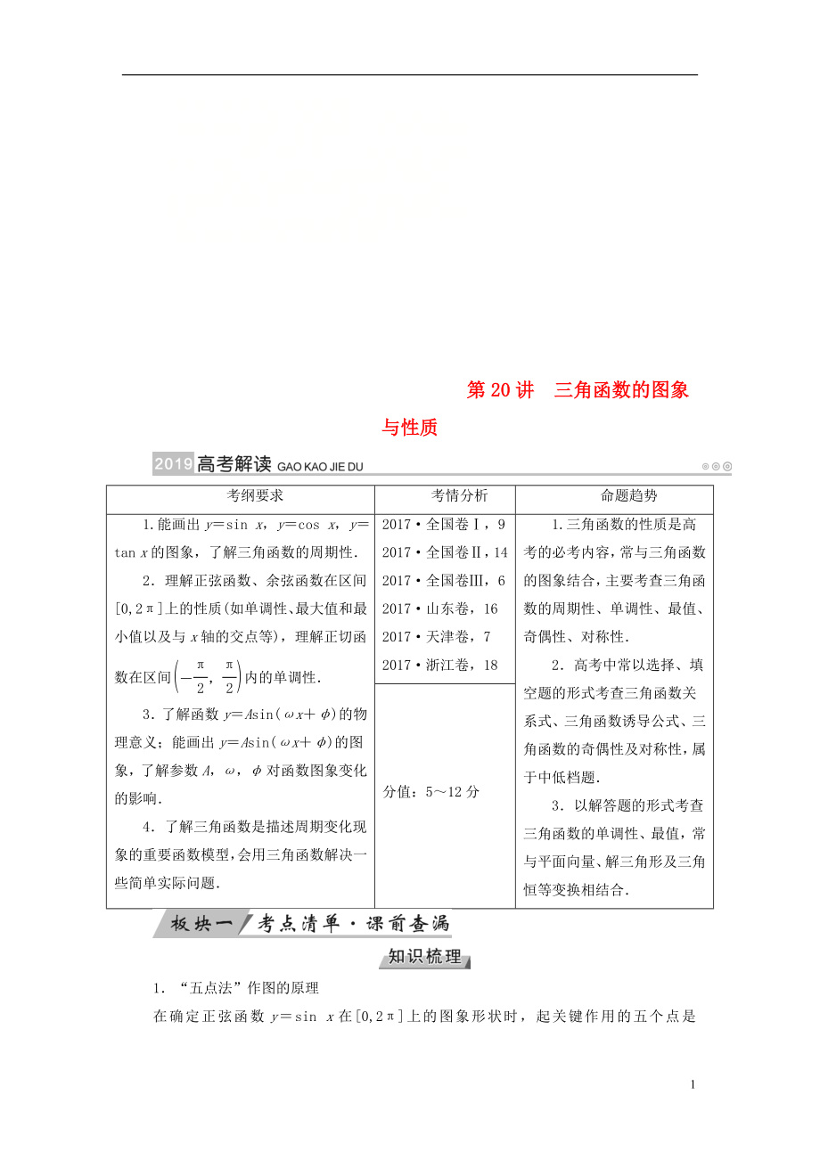 2019版高考數(shù)學(xué)一輪復(fù)習(xí) 第三章 三角函數(shù)、解三角形 第20講 三角函數(shù)的圖象與性質(zhì)學(xué)案_第1頁(yè)