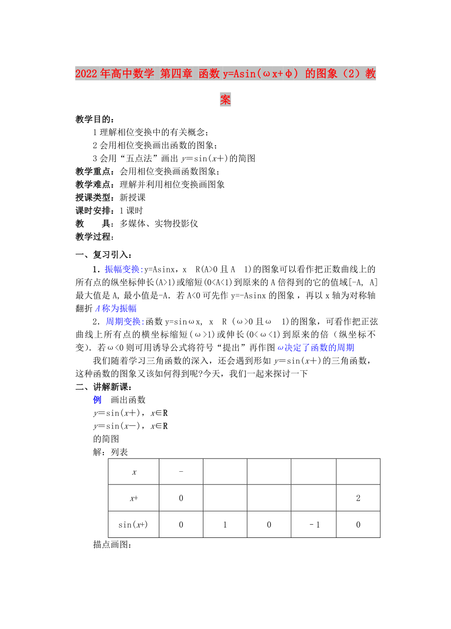 2022年高中數(shù)學 第四章 函數(shù)y=Asin(ωx+φ) 的圖象（2）教案_第1頁