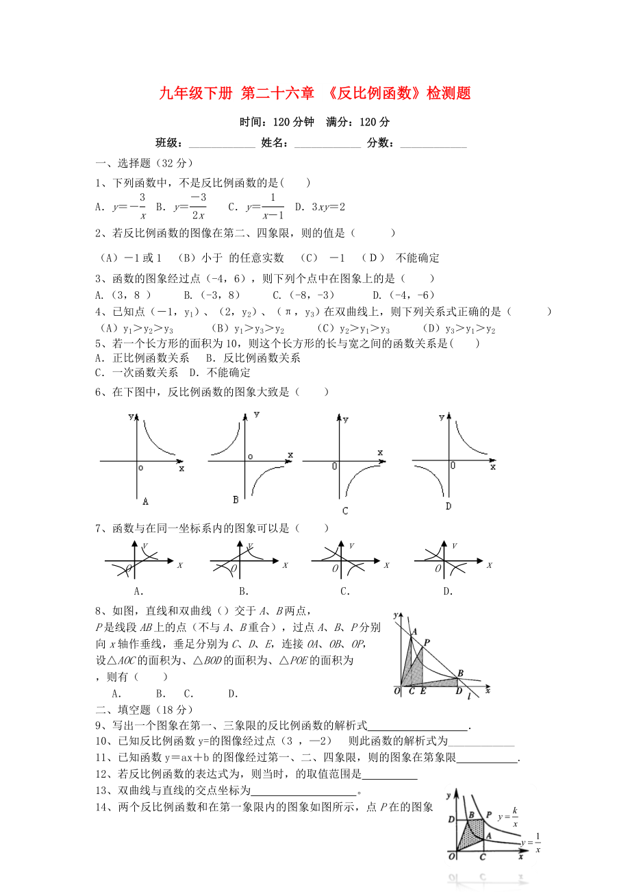 九年級下冊 第二十六章 《反比例函數(shù)》檢測題_第1頁