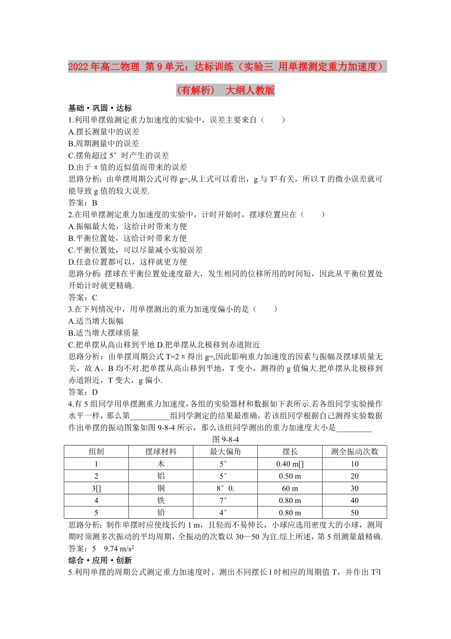 2022年高二物理 第9單元：達標(biāo)訓(xùn)練（實驗三 用單擺測定重力加速度）(有解析)大綱人教版_第1頁