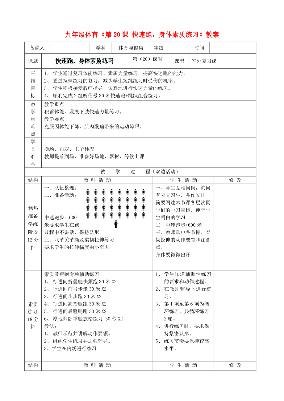 九年級體育《第20課 快速跑身體素質(zhì)練習》教案_第1頁