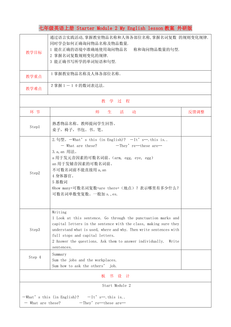 七年級(jí)英語(yǔ)上冊(cè) Starter Module 2 My English lesson教案 外研版_第1頁(yè)