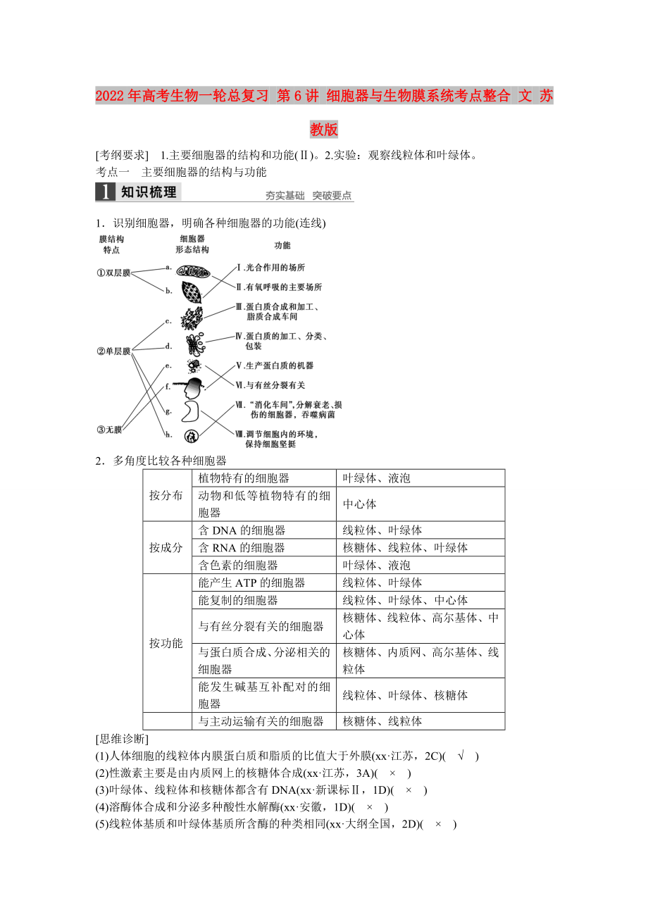 2022年高考生物一轮总复习 第6讲 细胞器与生物膜系统考点整合 文 苏教版_第1页