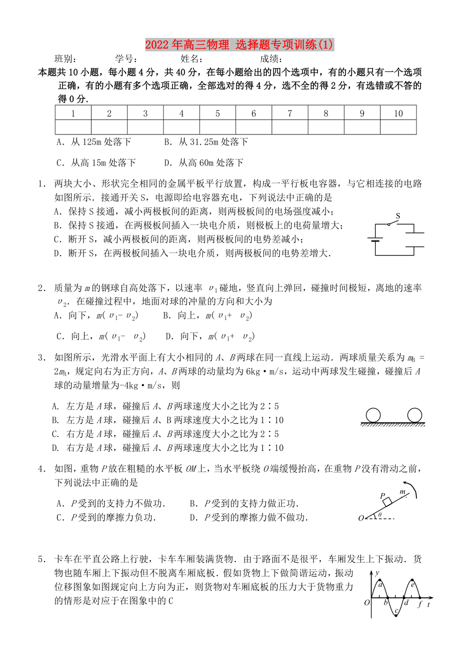 2022年高三物理 選擇題專(zhuān)項(xiàng)訓(xùn)練(1)_第1頁(yè)