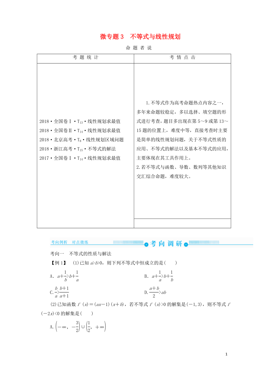 2019高考高考數(shù)學(xué)二輪復(fù)習(xí) 第二部分 第一講 高考?？伎陀^題 微專題3 不等式與線性規(guī)劃學(xué)案 理_第1頁