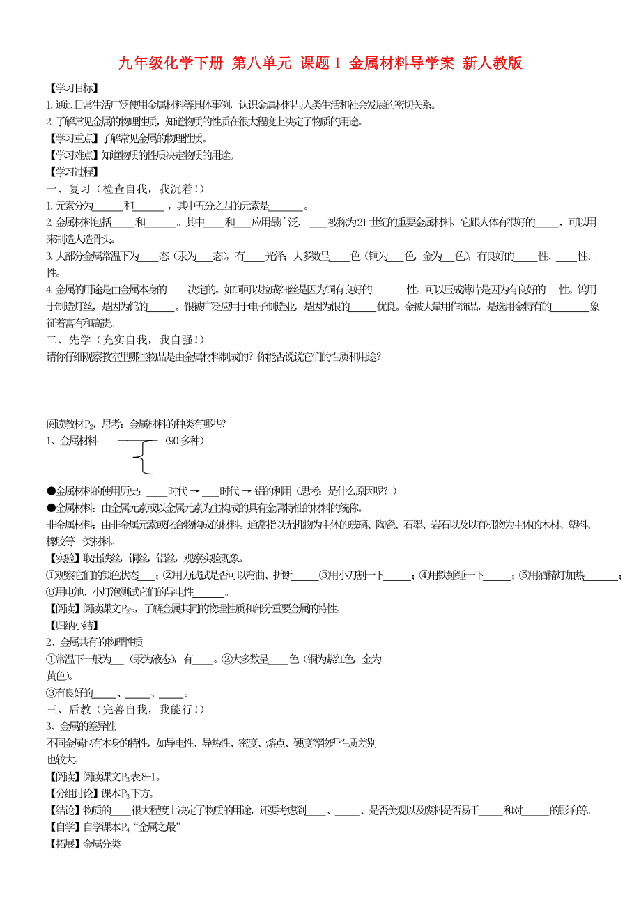 九年級化學(xué)下冊 第八單元 課題1 金屬材料導(dǎo)學(xué)案 新人教版_第1頁