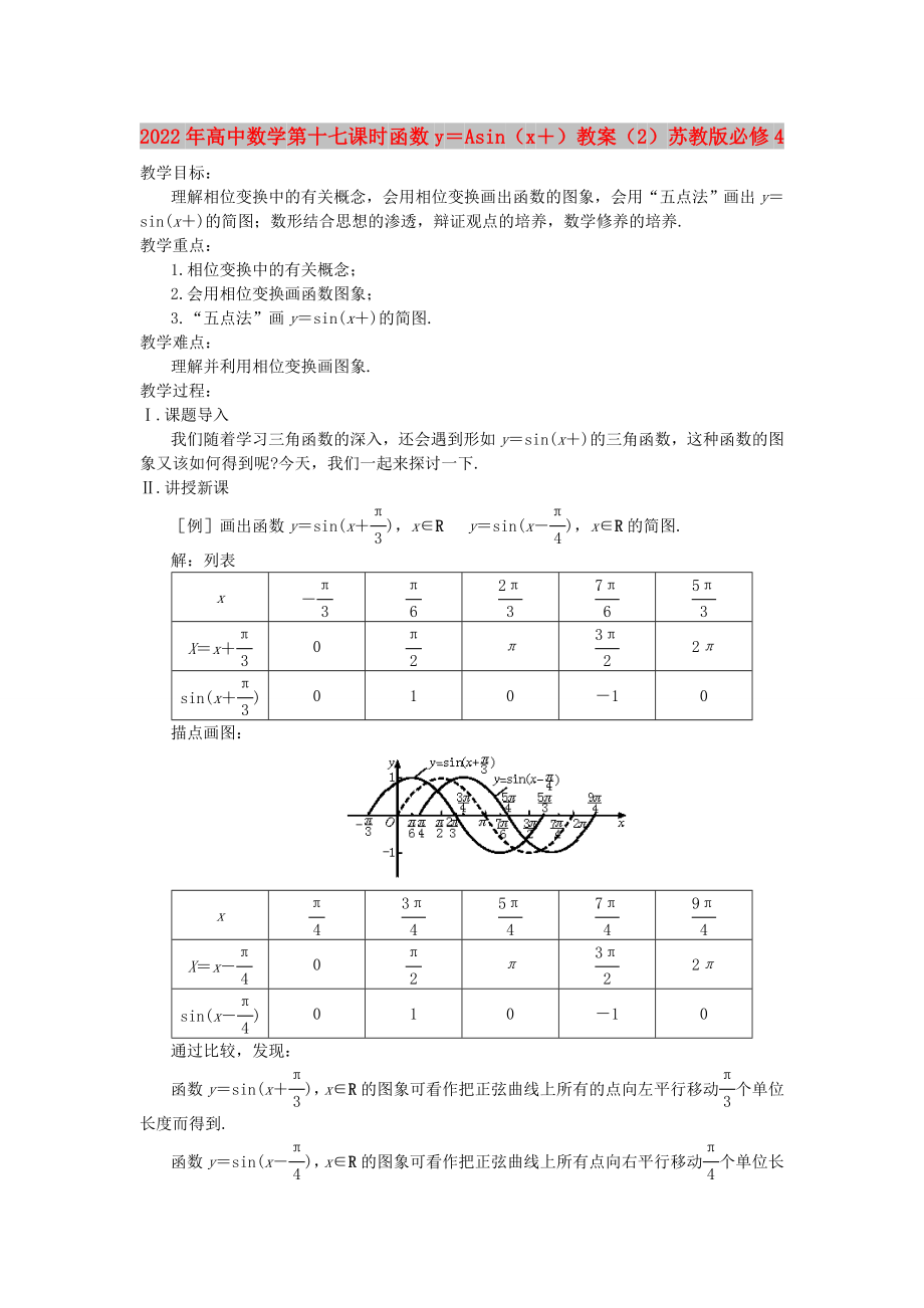 2022年高中數(shù)學(xué) 第十七課時 函數(shù)y＝Asin（x＋）教案（2） 蘇教版必修4_第1頁