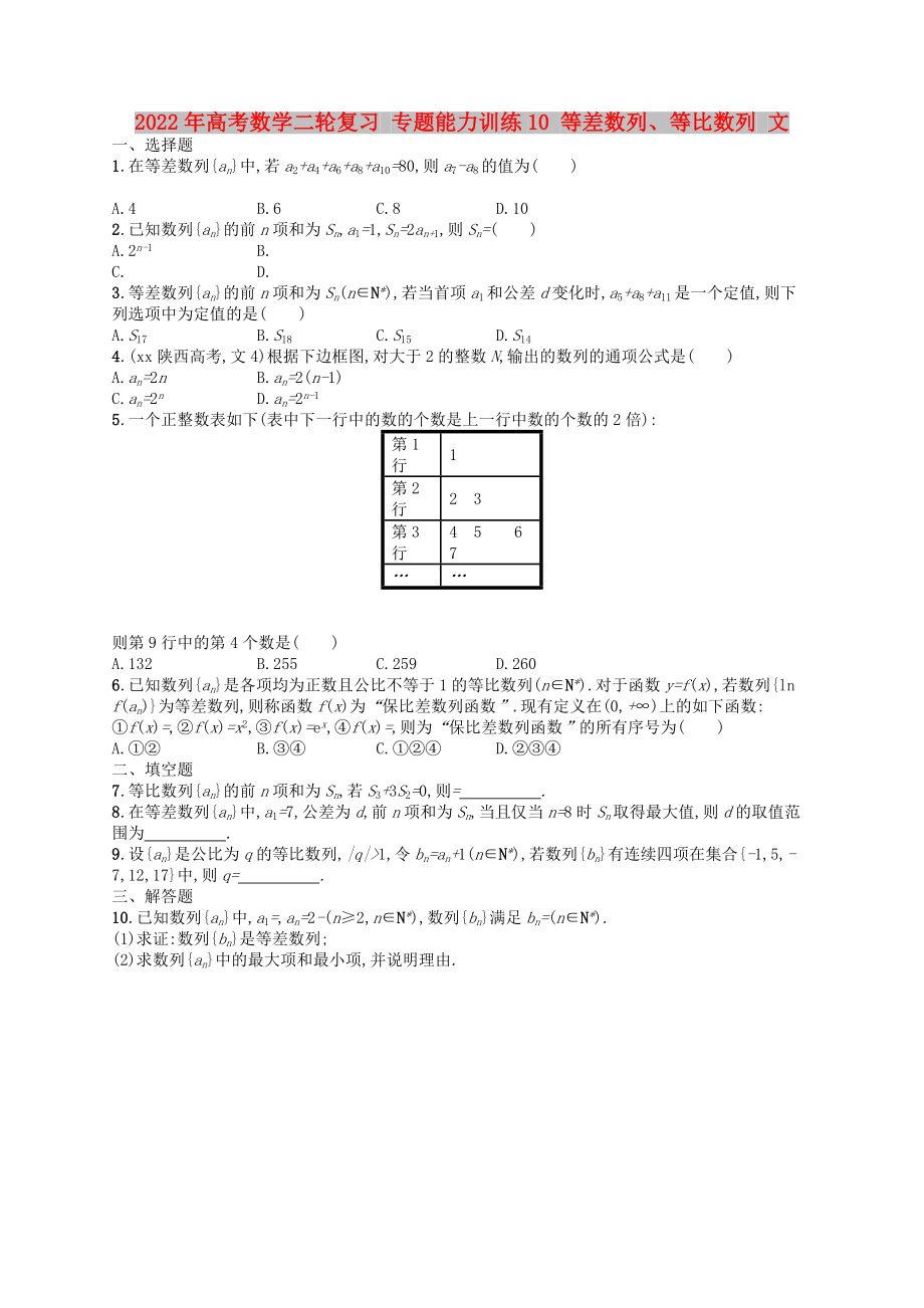 2022年高考數(shù)學(xué)二輪復(fù)習(xí) 專題能力訓(xùn)練10 等差數(shù)列、等比數(shù)列 文_第1頁