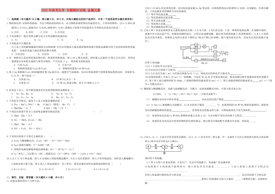 2022年高考化學(xué) 專題限時訓(xùn)練 金屬元素_第1頁