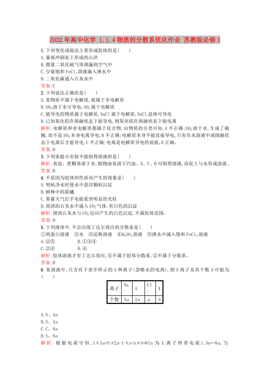 2022年高中化学 1.1.4物质的分散系优化作业 苏教版必修1_第1页