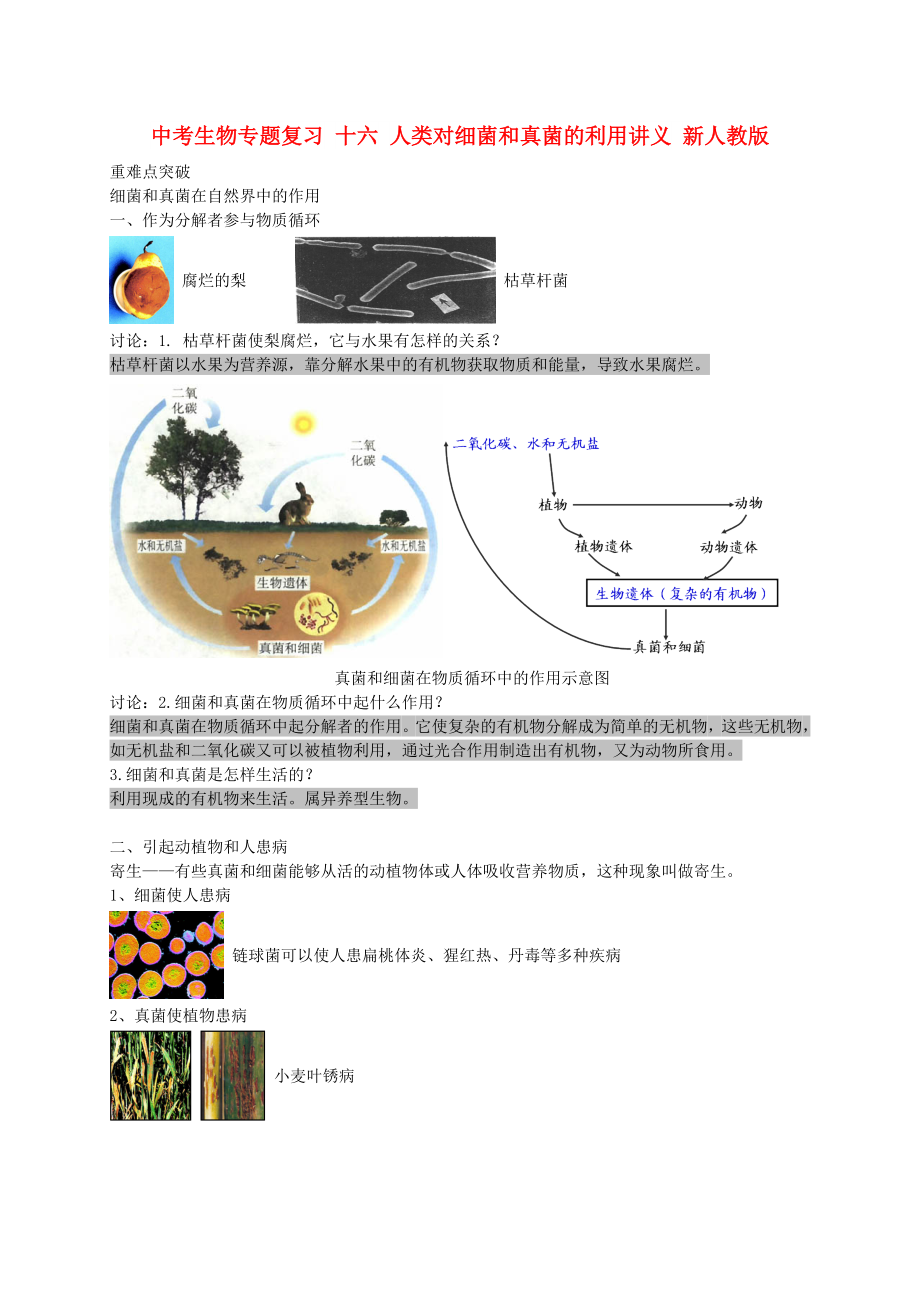 中考生物专题复习 十六 人类对细菌和真菌的利用讲义 新人教版_第1页