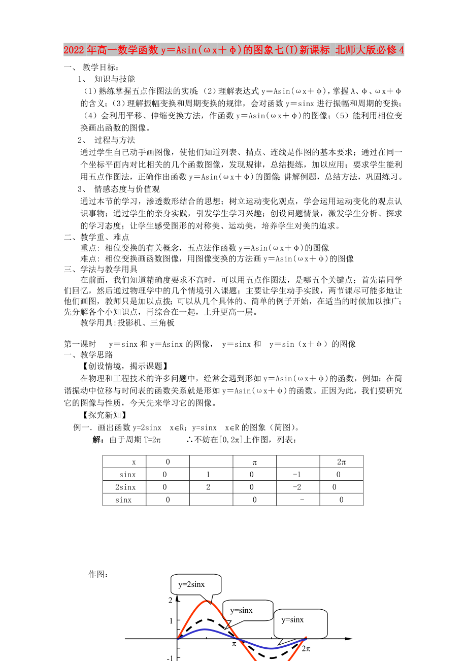 2022年高一数学函数y＝Asin(ωx＋φ)的图象七(I)新课标 北师大版必修4_第1页