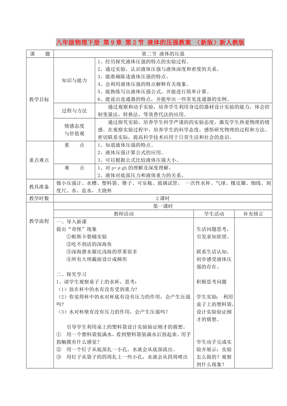 八年级物理下册 第9章 第2节 液体的压强教案 （新版）新人教版_第1页