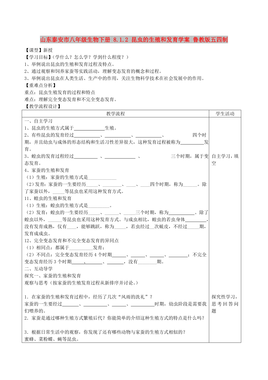 山東泰安市八年級生物下冊 8.1.2 昆蟲的生殖和發(fā)育學(xué)案 魯教版五四制_第1頁