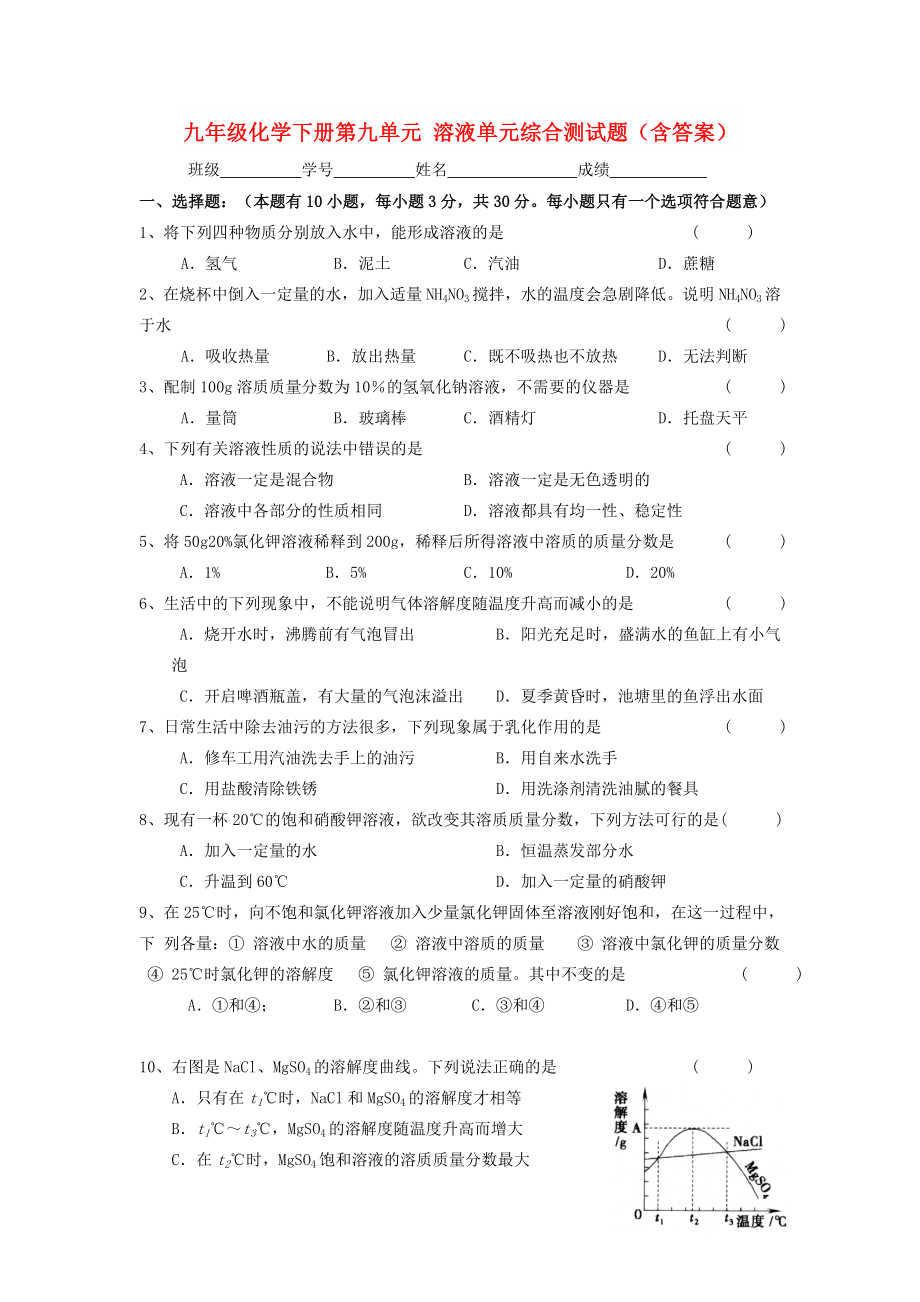 九年級化學(xué)下冊第九單元 溶液單元綜合測試題（含答案）_第1頁