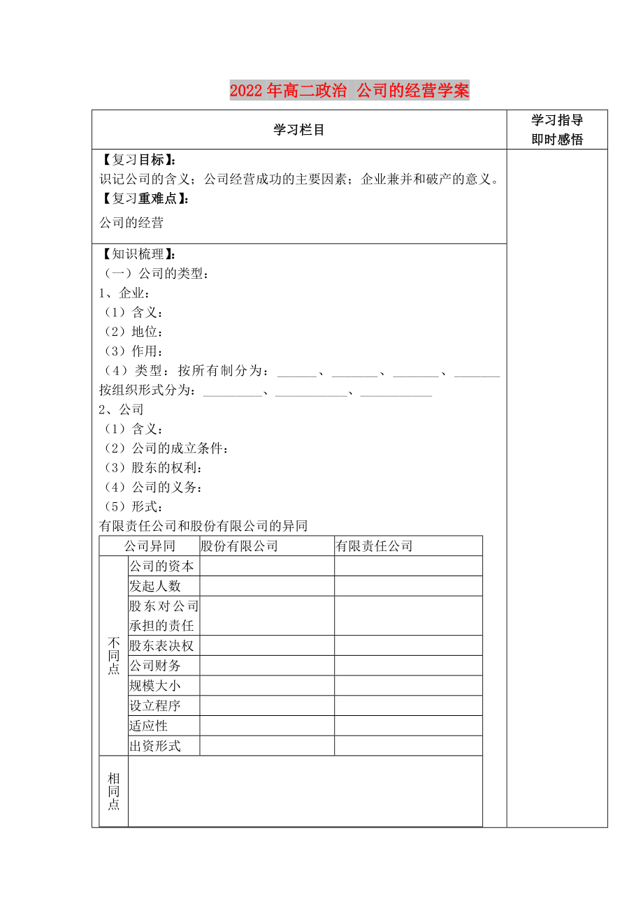 2022年高二政治 公司的经营学案_第1页