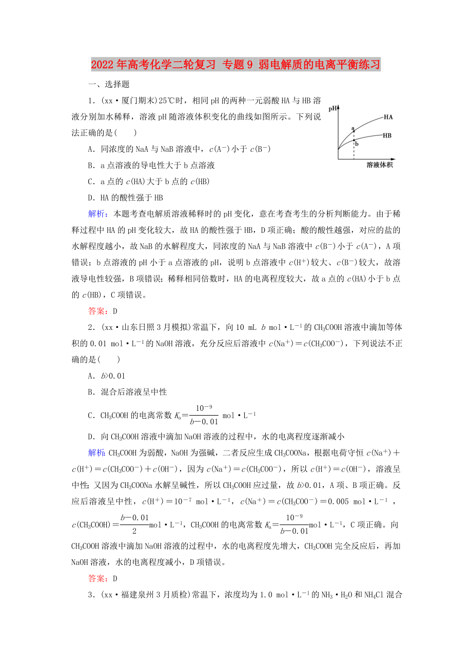 2022年高考化學(xué)二輪復(fù)習(xí) 專題9 弱電解質(zhì)的電離平衡練習(xí)_第1頁