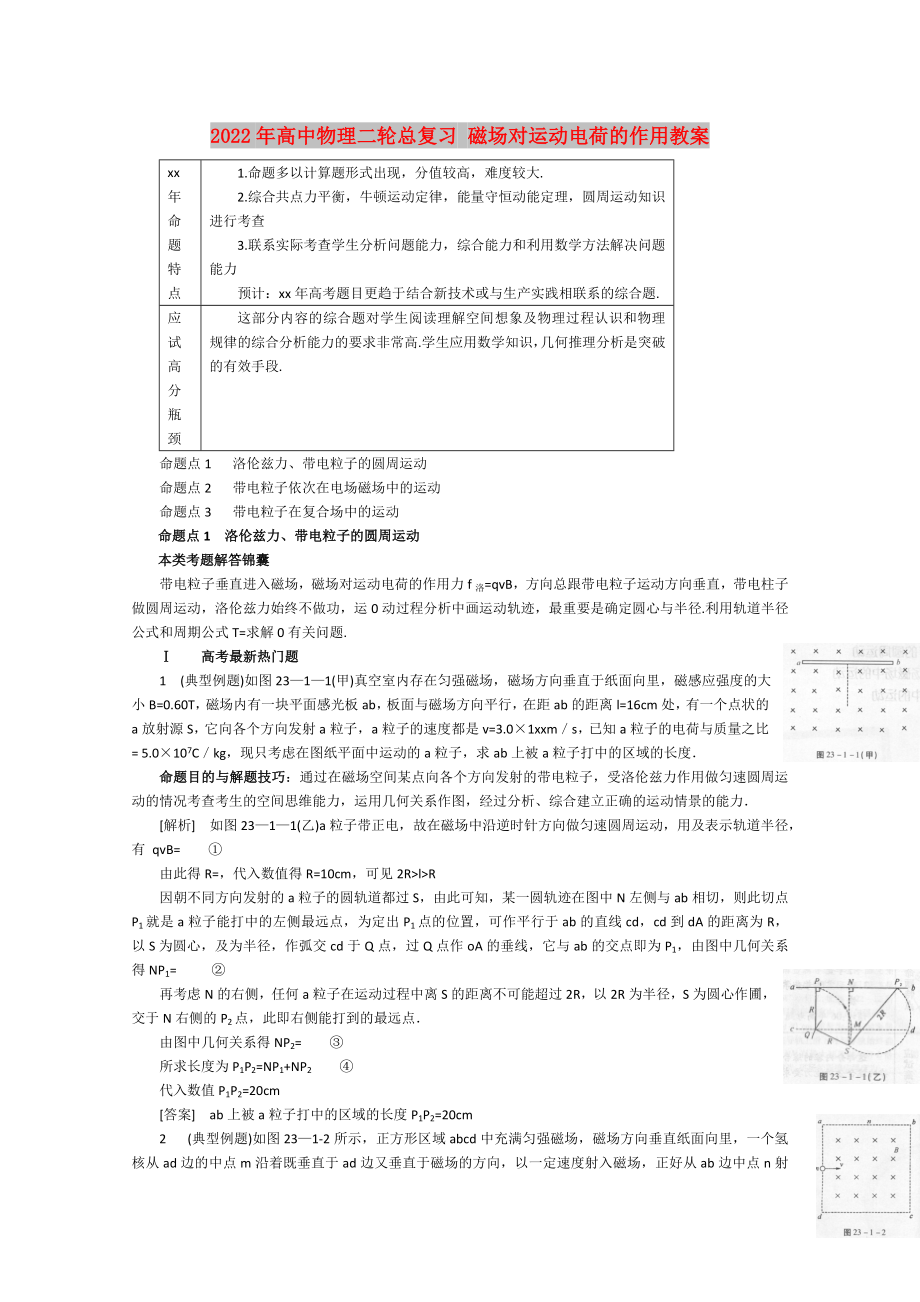 2022年高中物理二輪總復(fù)習(xí) 磁場(chǎng)對(duì)運(yùn)動(dòng)電荷的作用教案_第1頁(yè)