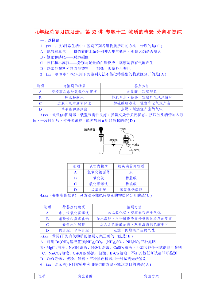 九年級總復(fù)習(xí)練習(xí)冊：第33講 專題十二 物質(zhì)的檢驗 分離和提純_第1頁