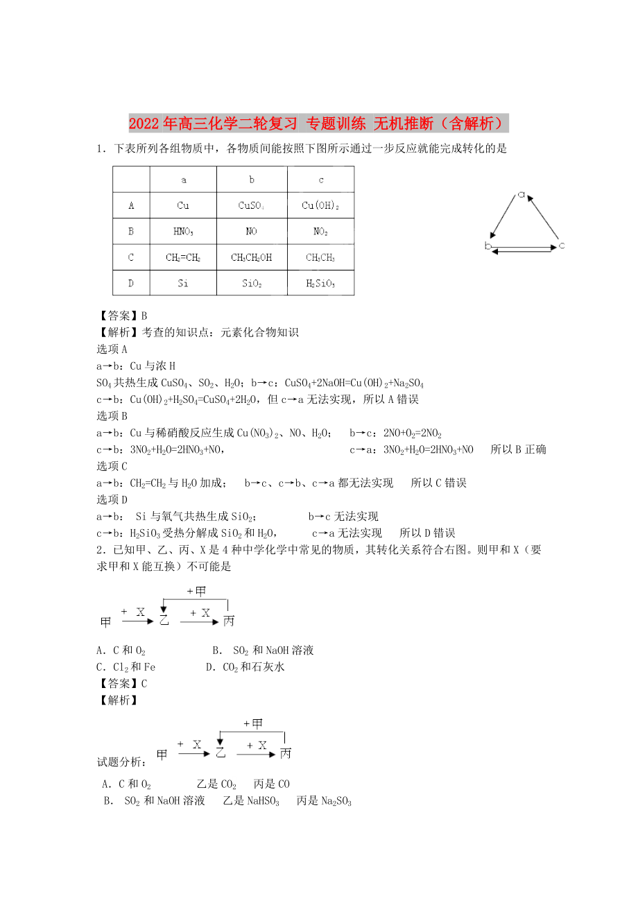 2022年高三化學(xué)二輪復(fù)習(xí) 專題訓(xùn)練 無機推斷（含解析）_第1頁