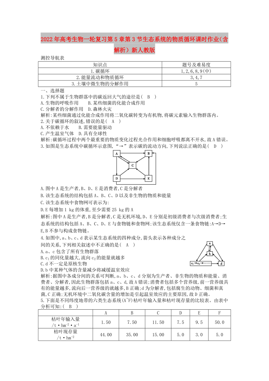 2022年高考生物一輪復(fù)習(xí) 第5章第3節(jié) 生態(tài)系統(tǒng)的物質(zhì)循環(huán)課時作業(yè)（含解析）新人教版_第1頁