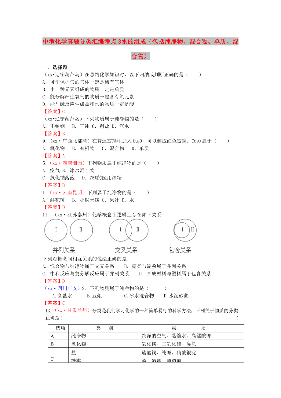 中考化學(xué)真題分類匯編 考點3 水的組成（包括純凈物、混合物、單質(zhì)、混合物）_第1頁