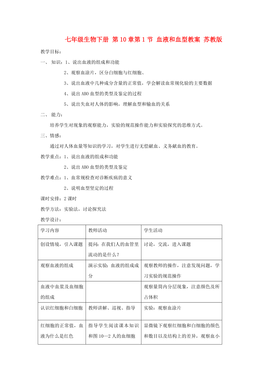 七年級生物下冊 第10章第1節(jié) 血液和血型教案 蘇教版_第1頁