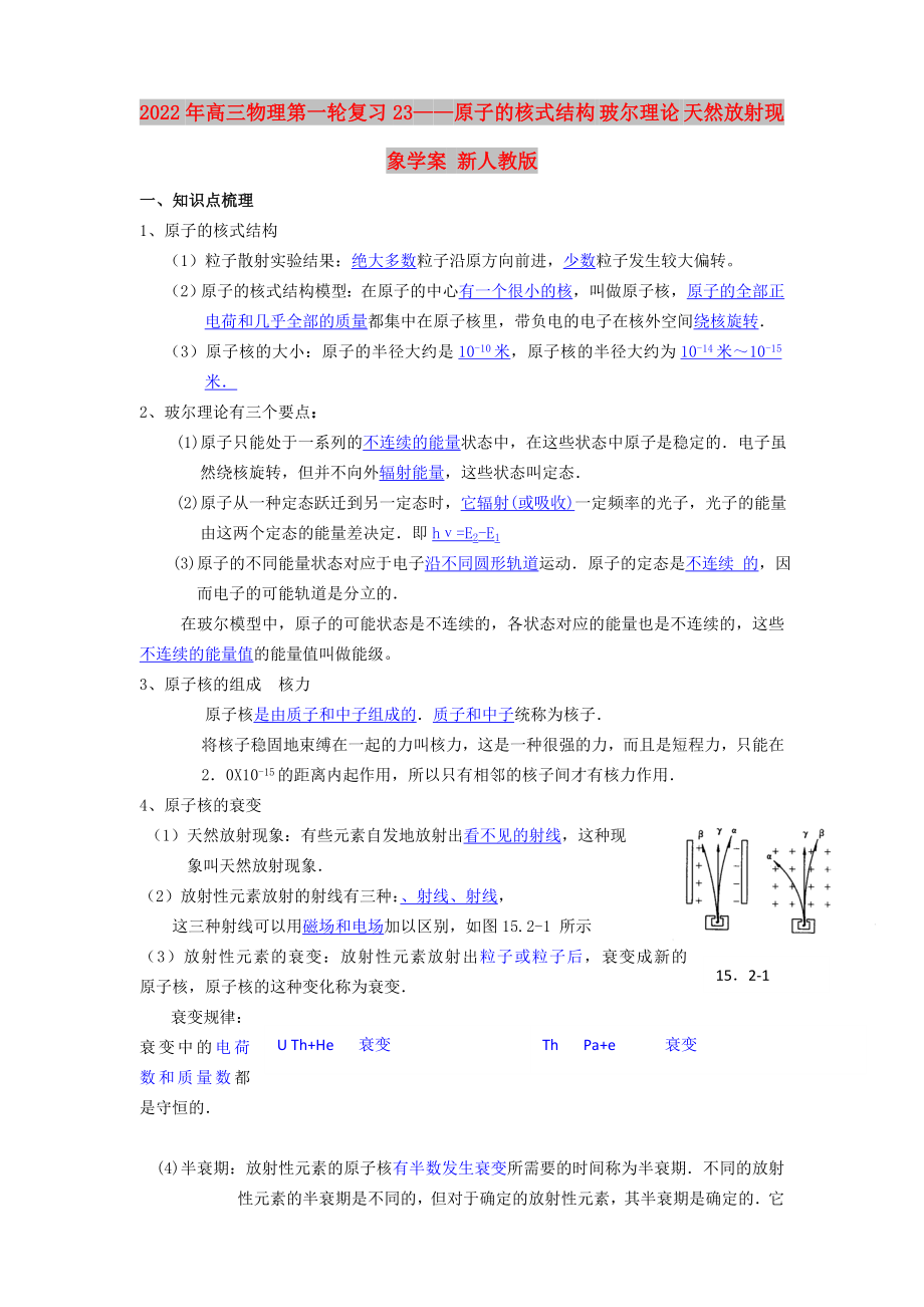 2022年高三物理第一輪復(fù)習(xí)23——原子的核式結(jié)構(gòu) 玻爾理論 天然放射現(xiàn)象學(xué)案 新人教版_第1頁(yè)