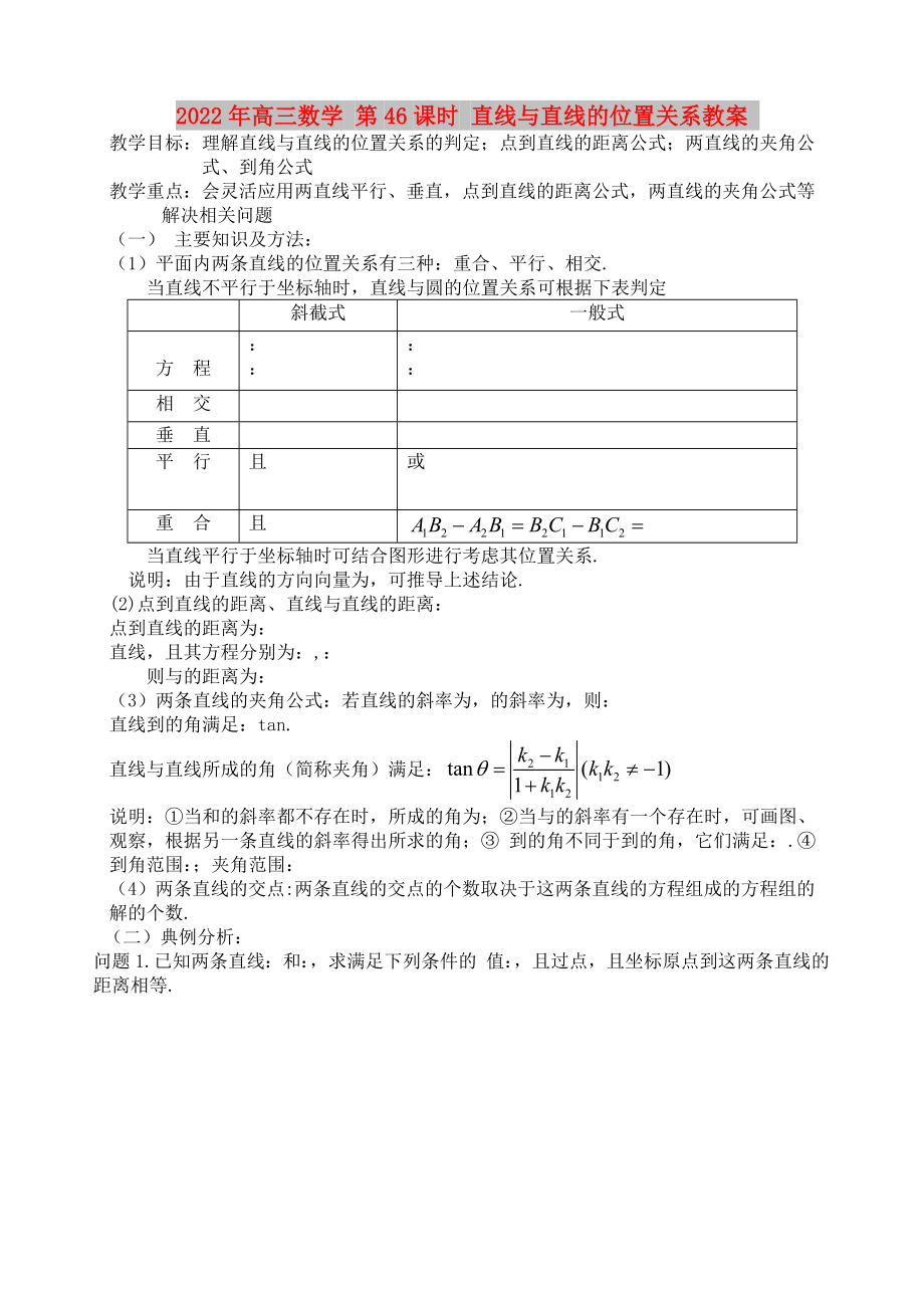 2022年高三數(shù)學(xué) 第46課時(shí) 直線與直線的位置關(guān)系教案_第1頁