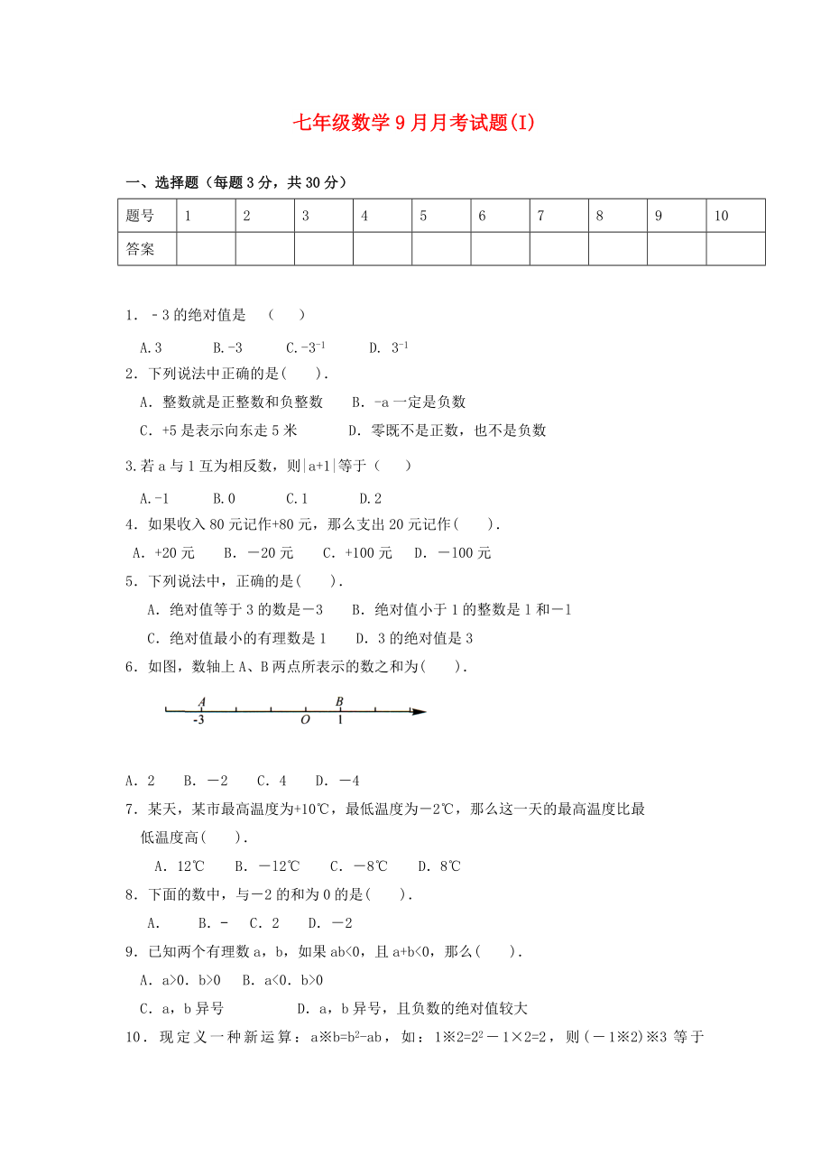 七年级数学9月月考试题(I)_第1页