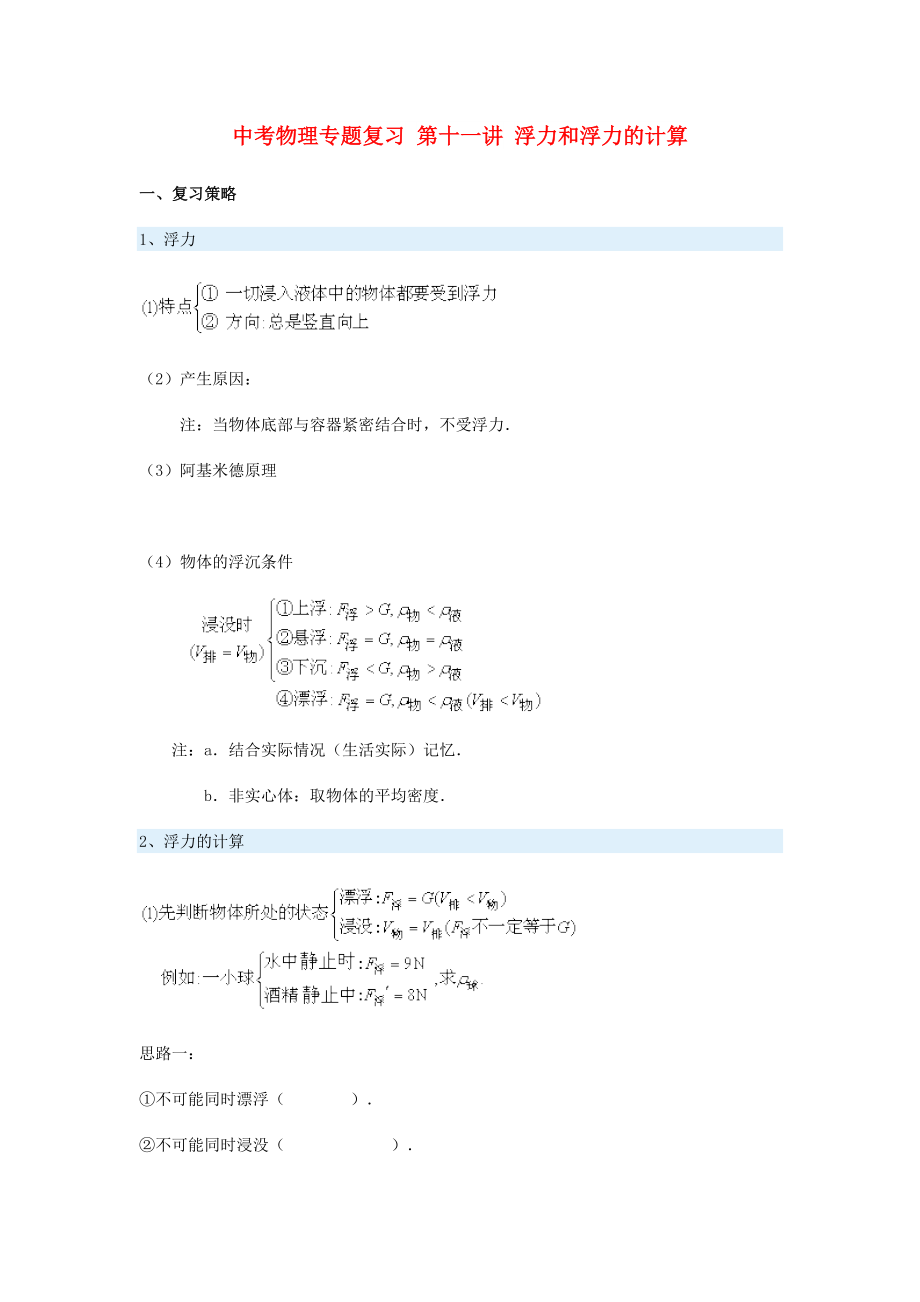 中考物理專題復習 第十一講 浮力和浮力的計算_第1頁