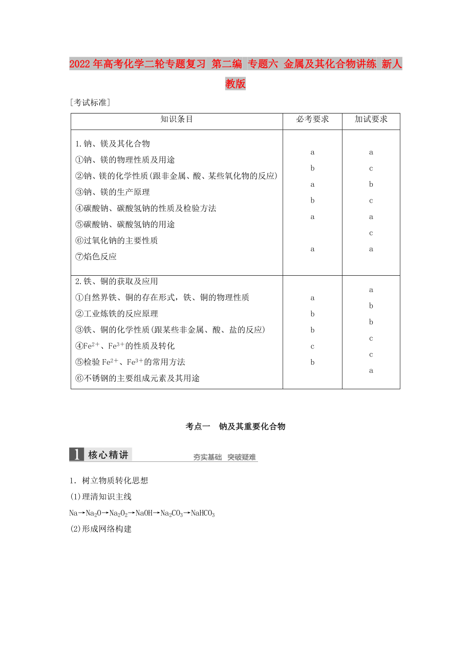 2022年高考化学二轮专题复习 第二编 专题六 金属及其化合物讲练 新人教版_第1页