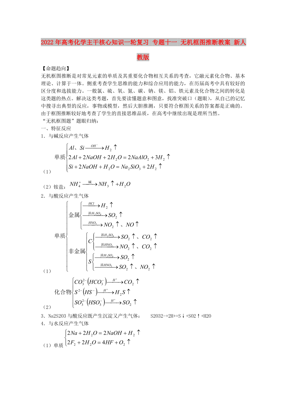 2022年高考化学主干核心知识一轮复习 专题十一 无机框图推断教案 新人教版_第1页