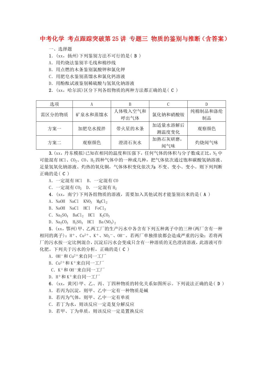 中考化學(xué) 考點(diǎn)跟蹤突破第25講 專(zhuān)題三 物質(zhì)的鑒別與推斷（含答案）_第1頁(yè)