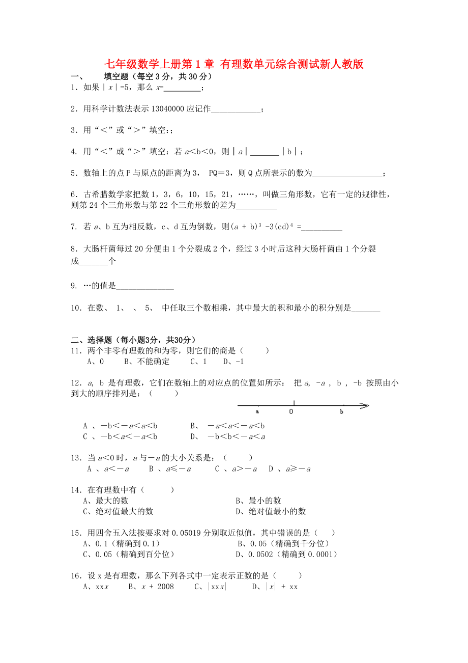 七年級數(shù)學(xué)上冊第1章 有理數(shù)單元綜合測試新人教版_第1頁