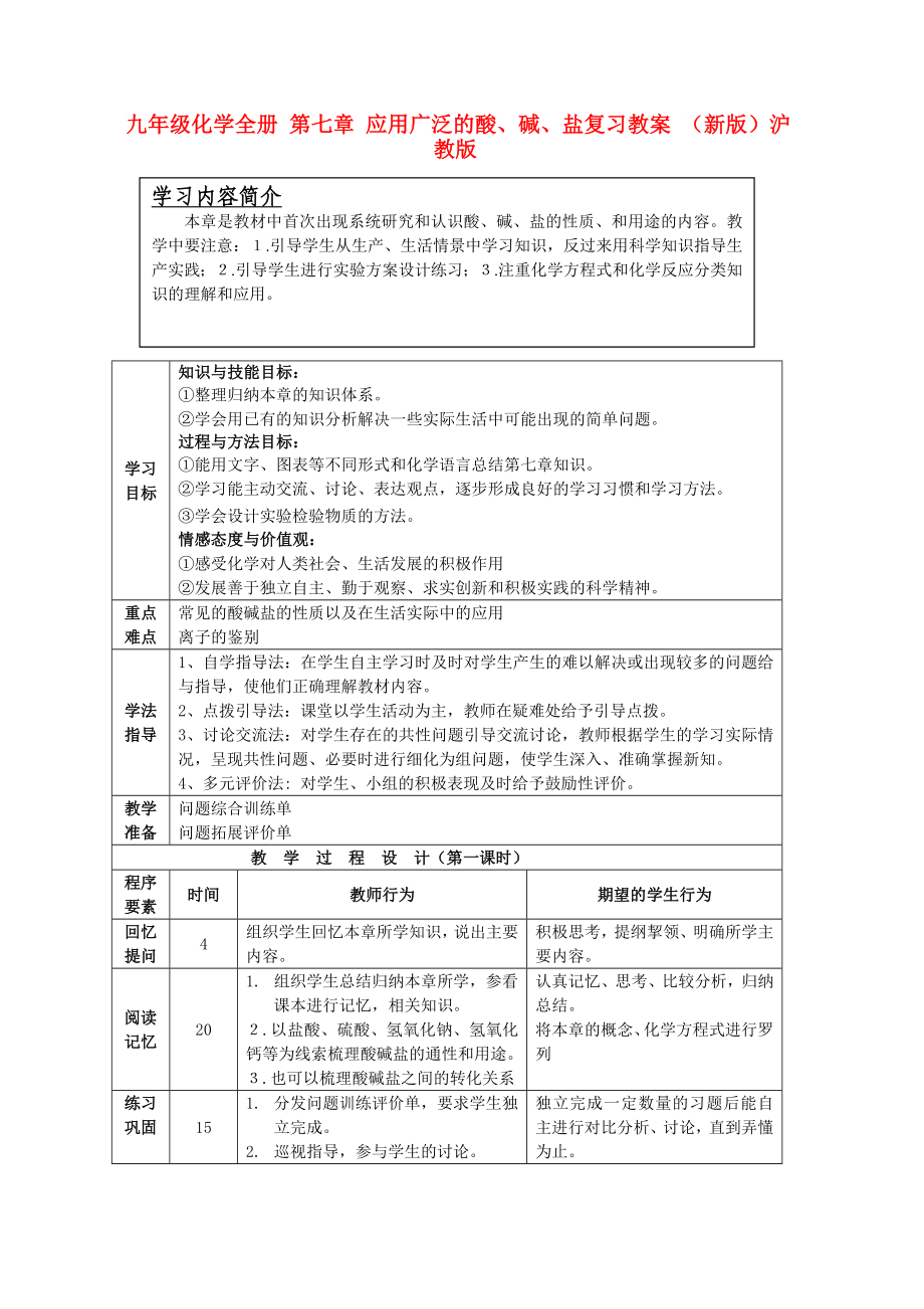 九年級化學(xué)全冊 第七章 應(yīng)用廣泛的酸、堿、鹽復(fù)習(xí)教案 （新版）滬教版_第1頁